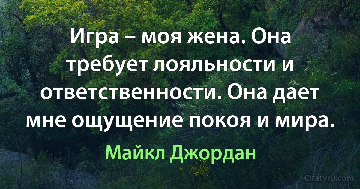 Игра – моя жена. Она требует лояльности и ответственности. Она дает мне ощущение покоя и мира. (Майкл Джордан)