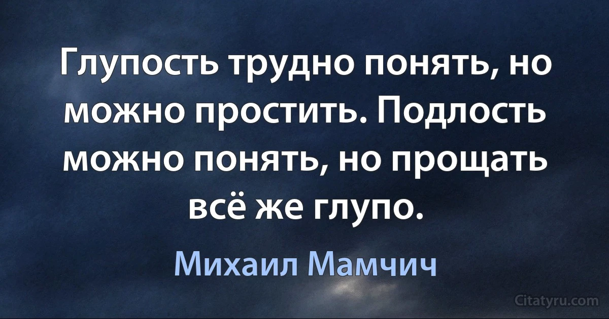 Глупость трудно понять, но можно простить. Подлость можно понять, но прощать всё же глупо. (Михаил Мамчич)