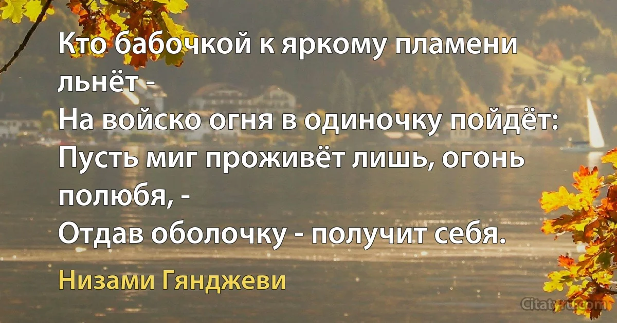 Кто бабочкой к яркому пламени льнёт -
На войско огня в одиночку пойдёт:
Пусть миг проживёт лишь, огонь полюбя, -
Отдав оболочку - получит себя. (Низами Гянджеви)