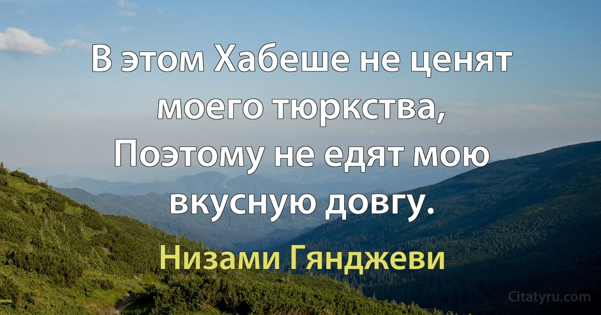 В этом Хабеше не ценят моего тюркства,
Поэтому не едят мою вкусную довгу. (Низами Гянджеви)