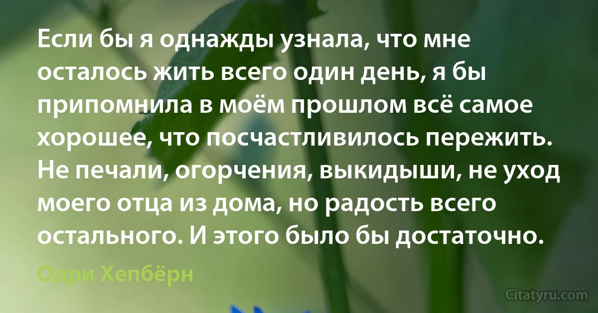 Если бы я однажды узнала, что мне осталось жить всего один день, я бы припомнила в моём прошлом всё самое хорошее, что посчастливилось пережить. Не печали, огорчения, выкидыши, не уход моего отца из дома, но радость всего остального. И этого было бы достаточно. (Одри Хепбёрн)