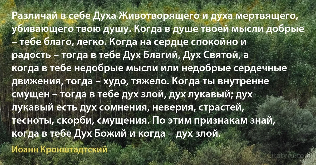 Различай в себе Духа Животворящего и духа мертвящего, убивающего твою душу. Когда в душе твоей мысли добрые – тебе благо, легко. Когда на сердце спокойно и радость – тогда в тебе Дух Благий, Дух Святой, а когда в тебе недобрые мысли или недобрые сердечные движения, тогда – худо, тяжело. Когда ты внутренне смущен – тогда в тебе дух злой, дух лукавый; дух лукавый есть дух сомнения, неверия, страстей, тесноты, скорби, смущения. По этим признакам знай, когда в тебе Дух Божий и когда – дух злой. (Иоанн Кронштадтский)