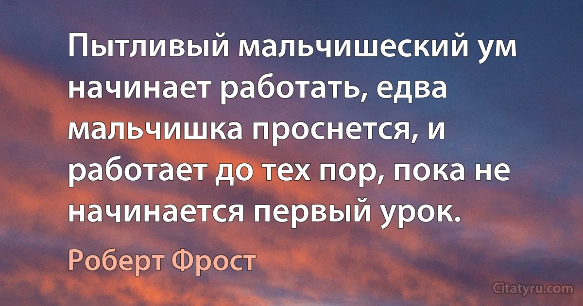 Пытливый мальчишеский ум начинает работать, едва мальчишка проснется, и работает до тех пор, пока не начинается первый урок. (Роберт Фрост)