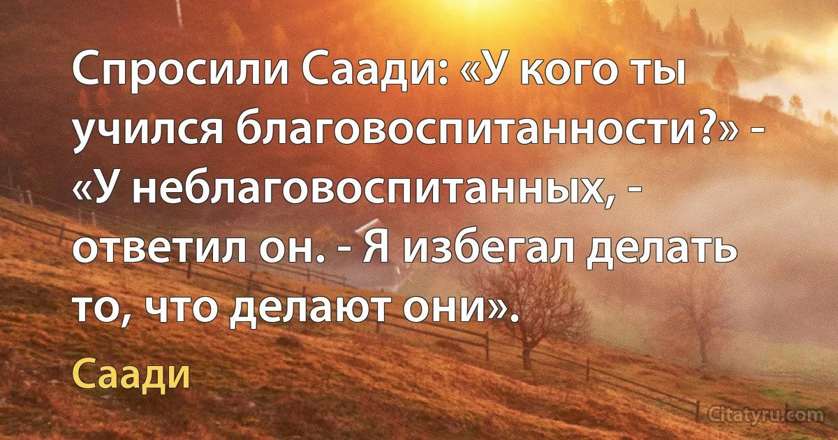 Спросили Саади: «У кого ты учился благовоспитанности?» - «У неблаговоспитанных, - ответил он. - Я избегал делать то, что делают они». (Саади)