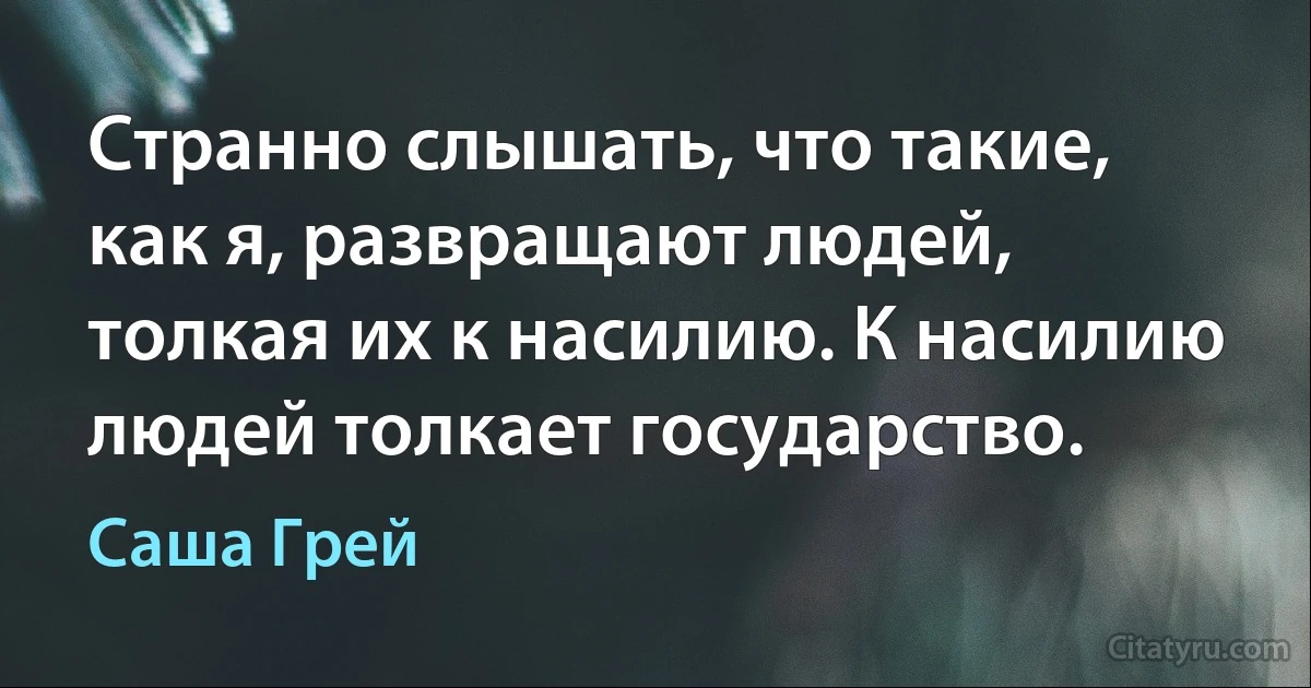 Странно слышать, что такие, как я, развращают людей, толкая их к насилию. К насилию людей толкает государство. (Саша Грей)