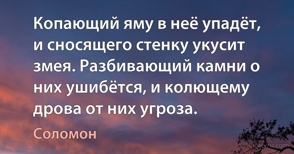 Копающий яму в неё упадёт, и сносящего стенку укусит змея. Разбивающий камни о них ушибётся, и колющему дрова от них угроза. (Соломон)