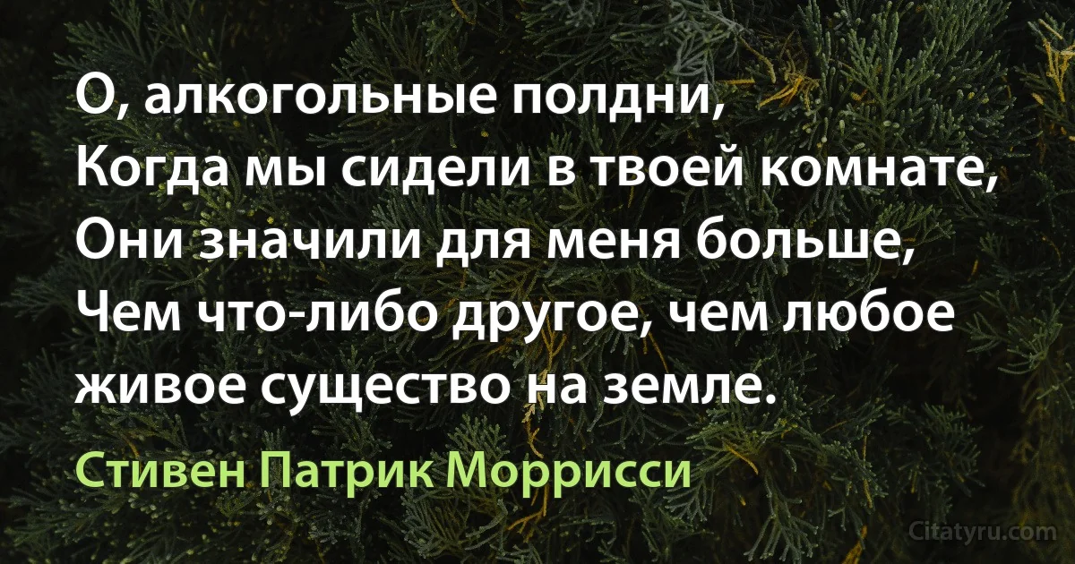 О, алкогольные полдни,
Когда мы сидели в твоей комнате,
Они значили для меня больше,
Чем что-либо другое, чем любое живое существо на земле. (Стивен Патрик Моррисси)