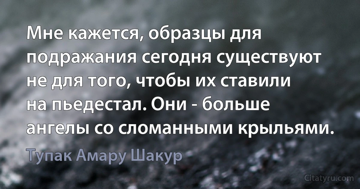 Мне кажется, образцы для подражания сегодня существуют не для того, чтобы их ставили на пьедестал. Они - больше ангелы со сломанными крыльями. (Тупак Амару Шакур)