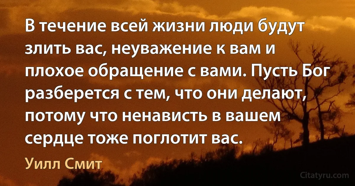 В течение всей жизни люди будут злить вас, неуважение к вам и плохое обращение с вами. Пусть Бог разберется с тем, что они делают, потому что ненависть в вашем сердце тоже поглотит вас. (Уилл Смит)