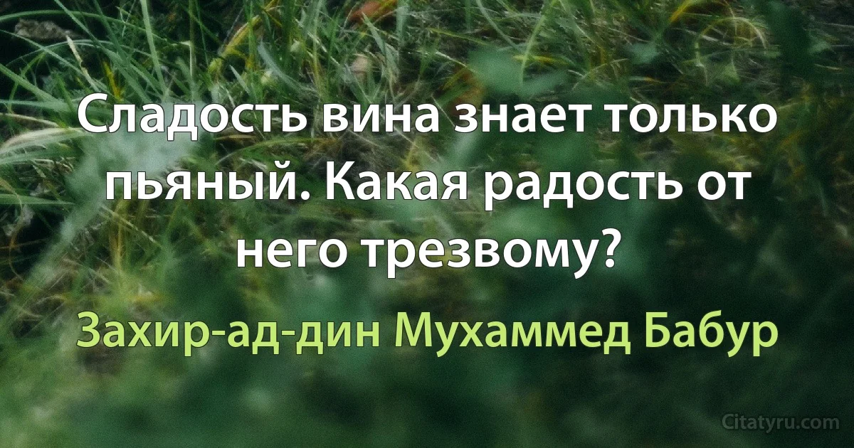 Сладость вина знает только пьяный. Какая радость от него трезвому? (Захир-ад-дин Мухаммед Бабур)