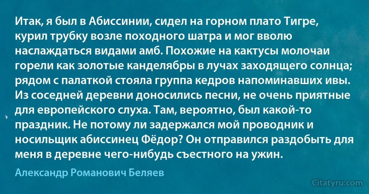 Итак, я был в Абиссинии, сидел на горном плато Тигре, курил трубку возле походного шатра и мог вволю наслаждаться видами амб. Похожие на кактусы молочаи горели как золотые канделябры в лучах заходящего солнца; рядом с палаткой стояла группа кедров напоминавших ивы. Из соседней деревни доносились песни, не очень приятные для европейского слуха. Там, вероятно, был какой-то праздник. Не потому ли задержался мой проводник и носильщик абиссинец Фёдор? Он отправился раздобыть для меня в деревне чего-нибудь съестного на ужин. (Александр Романович Беляев)