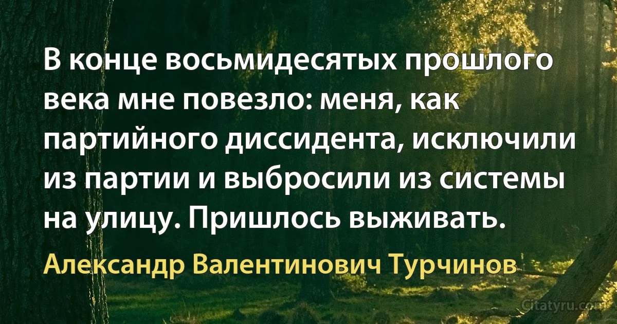 В конце восьмидесятых прошлого века мне повезло: меня, как партийного диссидента, исключили из партии и выбросили из системы на улицу. Пришлось выживать. (Александр Валентинович Турчинов)