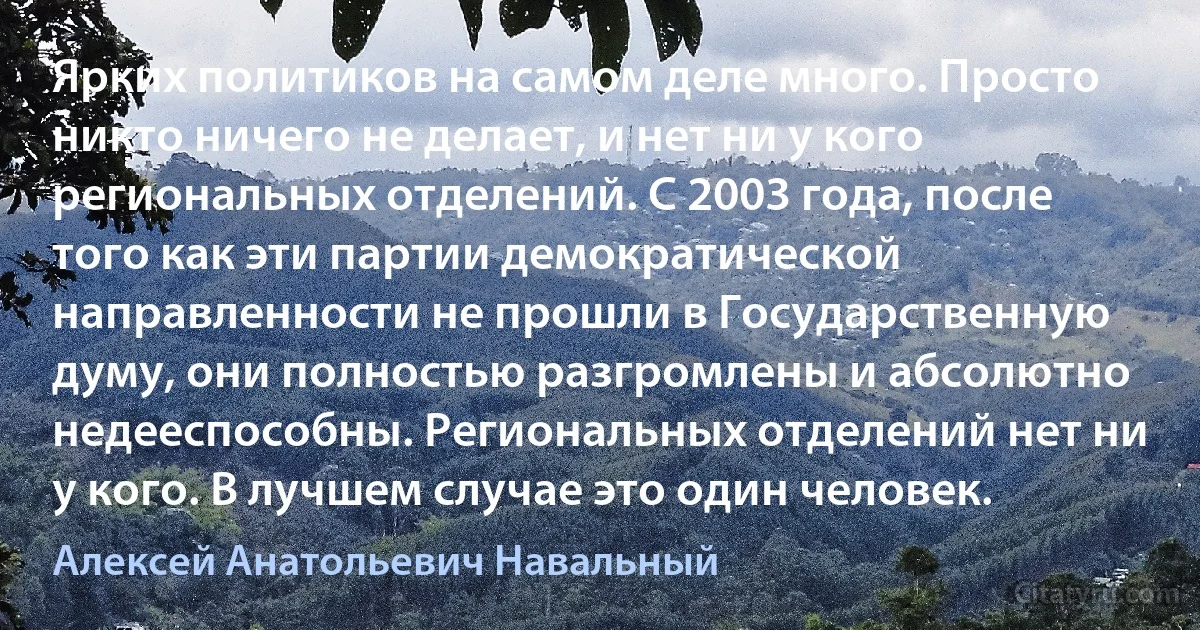 Ярких политиков на самом деле много. Просто никто ничего не делает, и нет ни у кого региональных отделений. С 2003 года, после того как эти партии демократической направленности не прошли в Государственную думу, они полностью разгромлены и абсолютно недееспособны. Региональных отделений нет ни у кого. В лучшем случае это один человек. (Алексей Анатольевич Навальный)