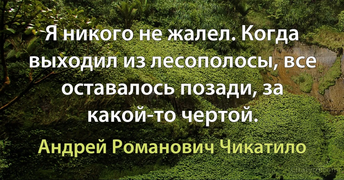 Я никого не жалел. Когда выходил из лесополосы, все оставалось позади, за какой-то чертой. (Андрей Романович Чикатило)