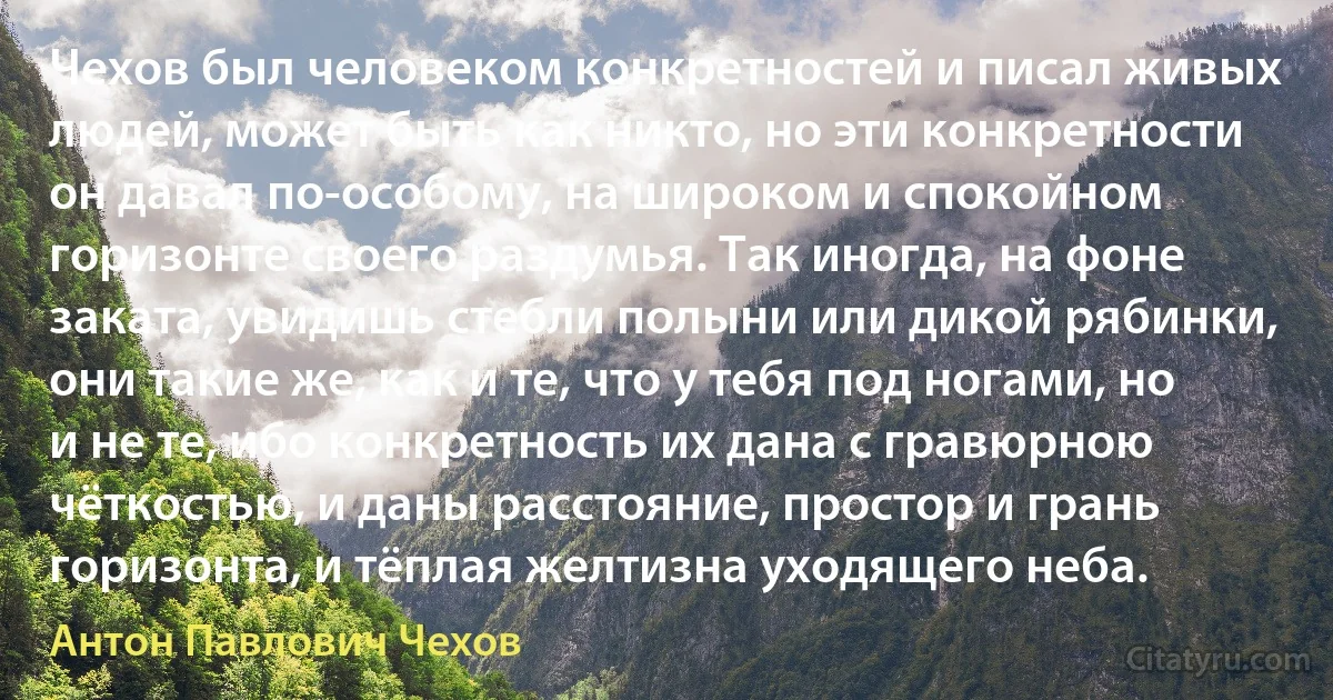 Чехов был человеком конкретностей и писал живых людей, может быть как никто, но эти конкретности он давал по-особому, на широком и спокойном горизонте своего раздумья. Так иногда, на фоне заката, увидишь стебли полыни или дикой рябинки, они такие же, как и те, что у тебя под ногами, но и не те, ибо конкретность их дана с гравюрною чёткостью, и даны расстояние, простор и грань горизонта, и тёплая желтизна уходящего неба. (Антон Павлович Чехов)