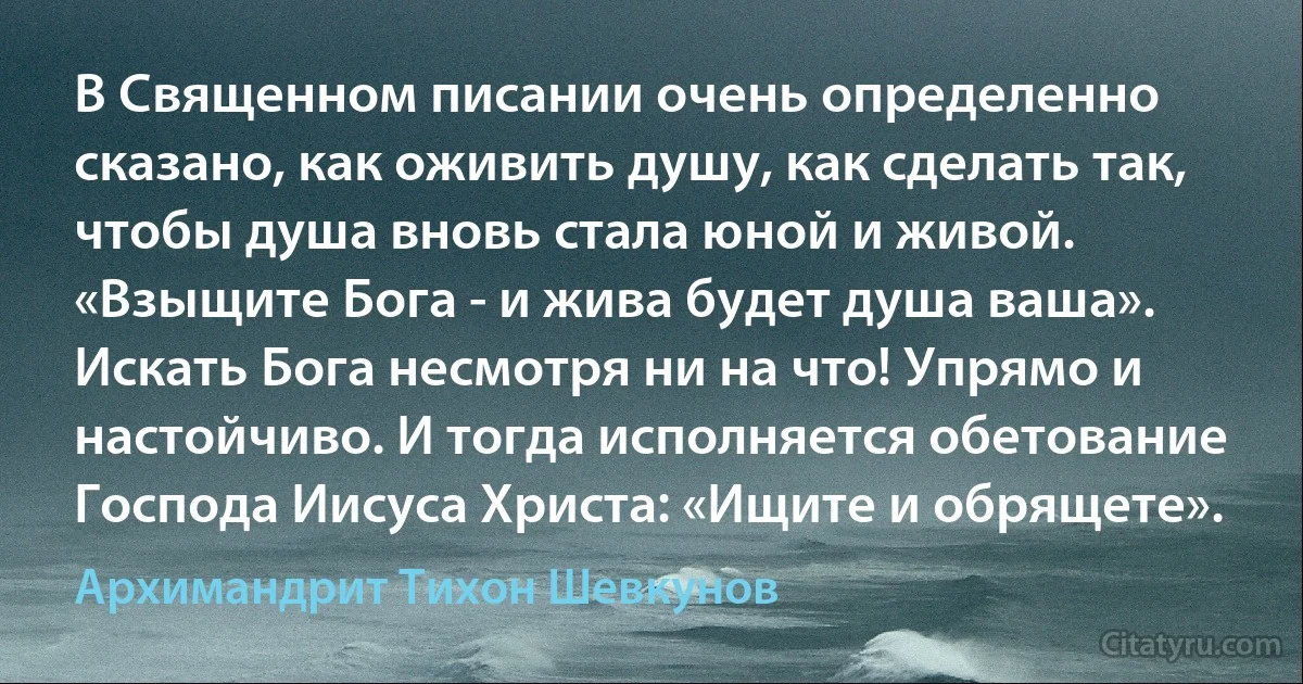 В Священном писании очень определенно сказано, как оживить душу, как сделать так, чтобы душа вновь стала юной и живой. «Взыщите Бога - и жива будет душа ваша». Искать Бога несмотря ни на что! Упрямо и настойчиво. И тогда исполняется обетование Господа Иисуса Христа: «Ищите и обрящете». (Архимандрит Тихон Шевкунов)