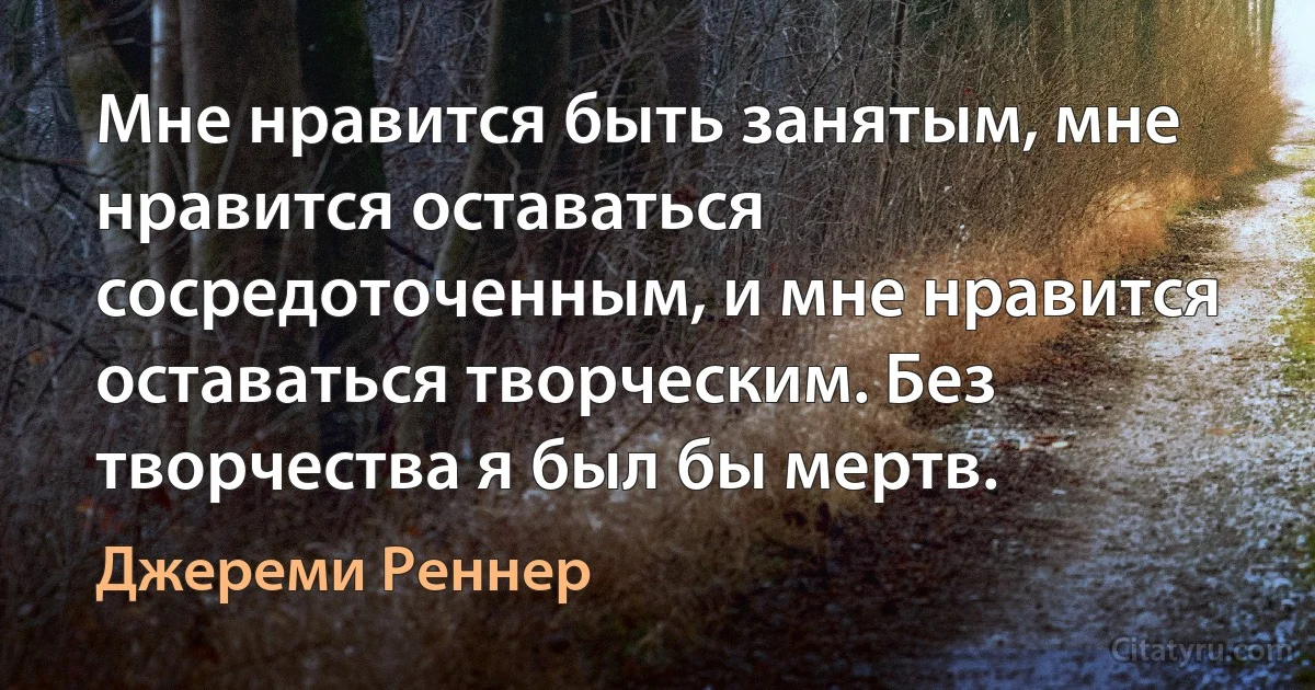 Мне нравится быть занятым, мне нравится оставаться сосредоточенным, и мне нравится оставаться творческим. Без творчества я был бы мертв. (Джереми Реннер)