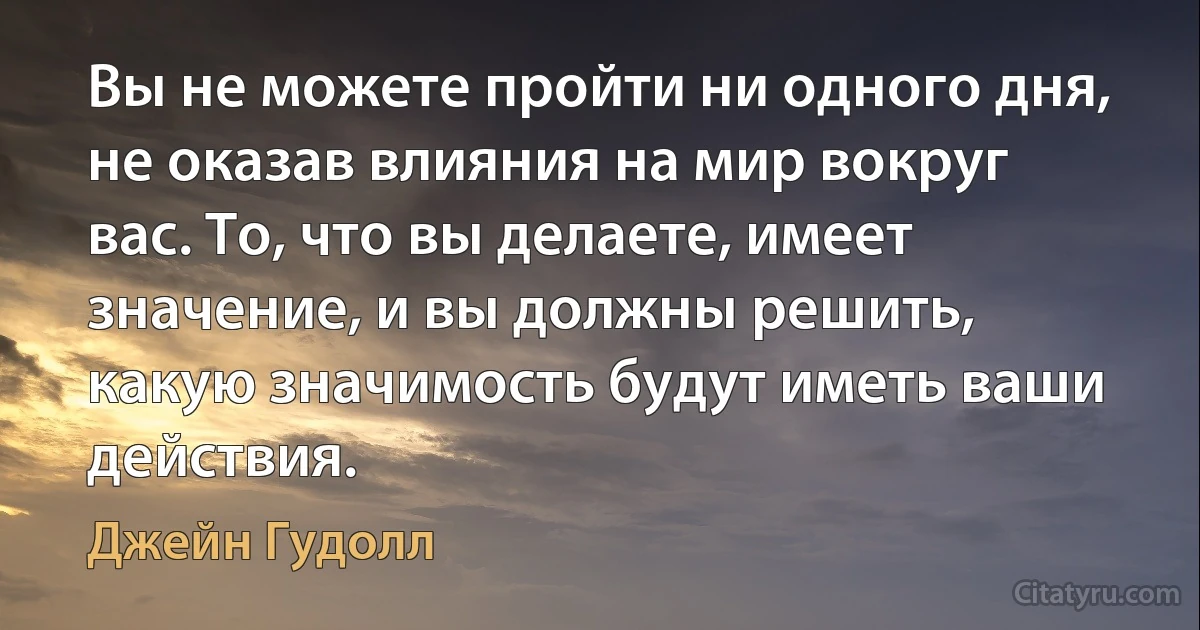 Вы не можете пройти ни одного дня, не оказав влияния на мир вокруг вас. То, что вы делаете, имеет значение, и вы должны решить, какую значимость будут иметь ваши действия. (Джейн Гудолл)