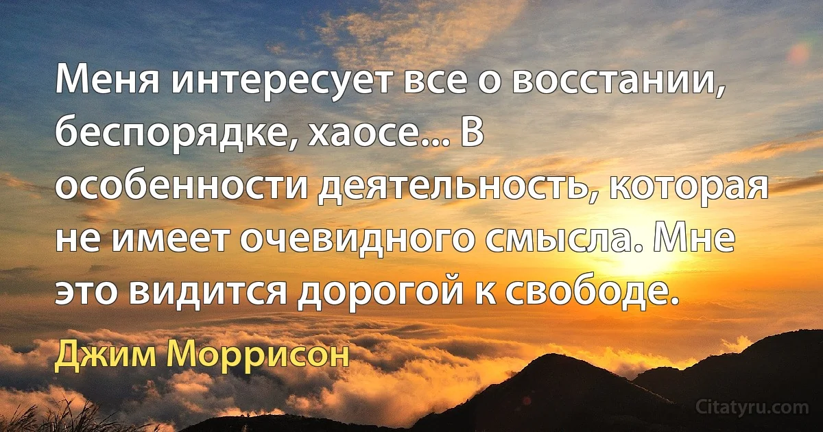 Меня интересует все о восстании, беспорядке, хаосе... В особенности деятельность, которая не имеет очевидного смысла. Мне это видится дорогой к свободе. (Джим Моррисон)