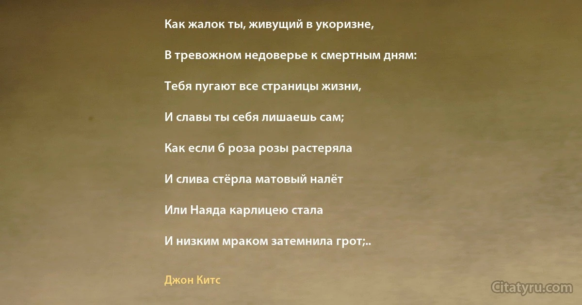 Как жалок ты, живущий в укоризне,

В тревожном недоверье к смертным дням:

Тебя пугают все страницы жизни,

И славы ты себя лишаешь сам;

Как если б роза розы растеряла

И слива стёрла матовый налёт

Или Наяда карлицею стала

И низким мраком затемнила грот;.. (Джон Китс)