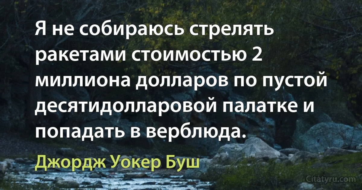 Я не собираюсь стрелять ракетами стоимостью 2 миллиона долларов по пустой десятидолларовой палатке и попадать в верблюда. (Джордж Уокер Буш)