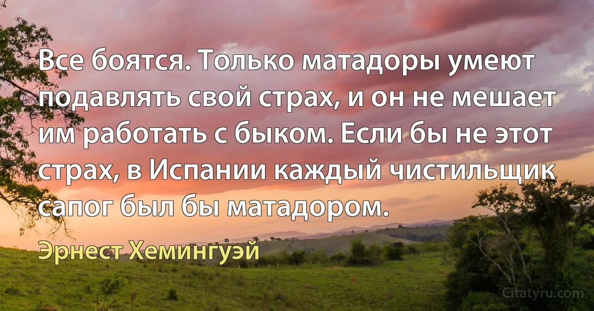 Все боятся. Только матадоры умеют подавлять свой страх, и он не мешает им работать с быком. Если бы не этот страх, в Испании каждый чистильщик сапог был бы матадором. (Эрнест Хемингуэй)