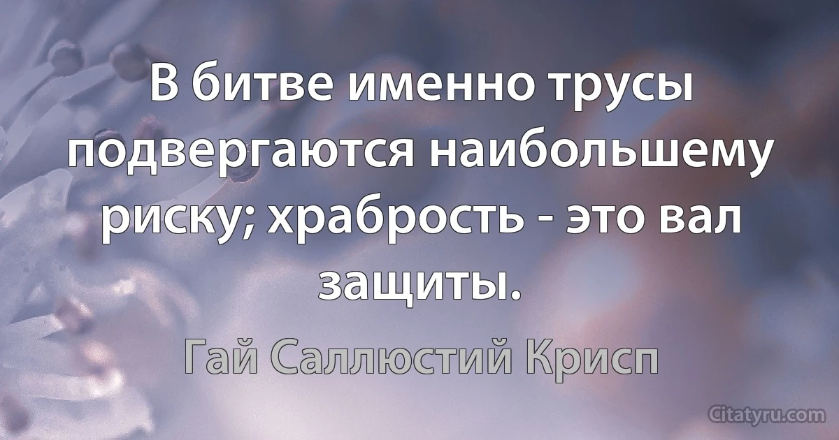 В битве именно трусы подвергаются наибольшему риску; храбрость - это вал защиты. (Гай Саллюстий Крисп)