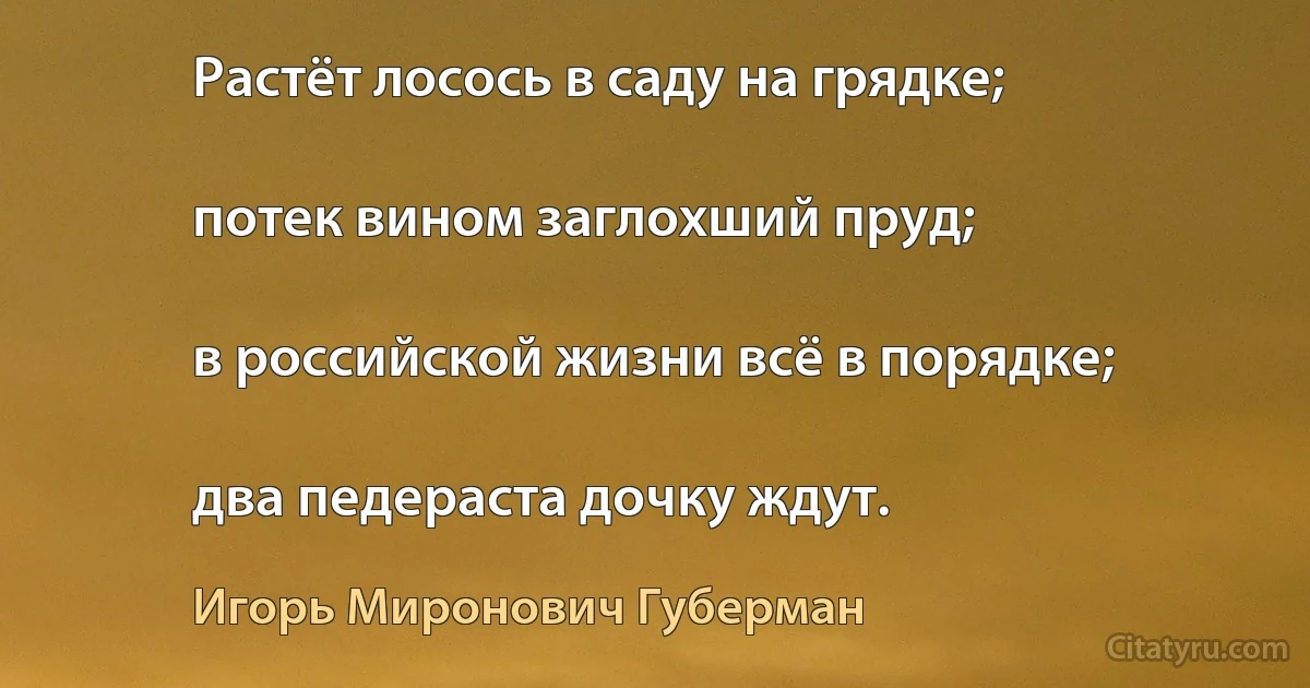 Растёт лосось в саду на грядке;

потек вином заглохший пруд;

в российской жизни всё в порядке;

два педераста дочку ждут. (Игорь Миронович Губерман)