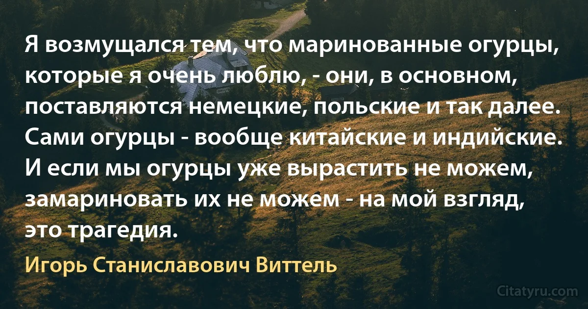 Я возмущался тем, что маринованные огурцы, которые я очень люблю, - они, в основном, поставляются немецкие, польские и так далее. Сами огурцы - вообще китайские и индийские. И если мы огурцы уже вырастить не можем, замариновать их не можем - на мой взгляд, это трагедия. (Игорь Станиславович Виттель)