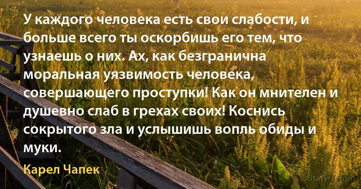 У каждого человека есть свои слабости, и больше всего ты оскорбишь его тем, что узнаешь о них. Ах, как безгранична моральная уязвимость человека, совершающего проступки! Как он мнителен и душевно слаб в грехах своих! Коснись сокрытого зла и услышишь вопль обиды и муки. (Карел Чапек)