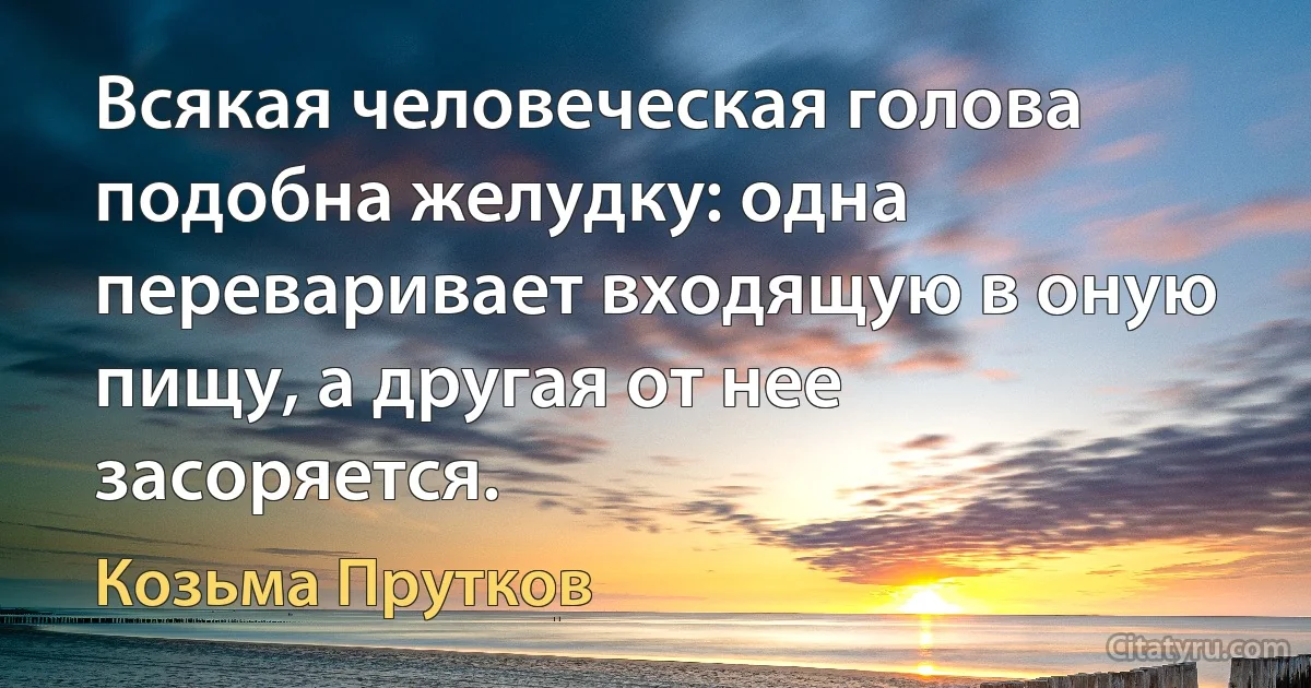 Всякая человеческая голова подобна желудку: одна переваривает входящую в оную пищу, а другая от нее засоряется. (Козьма Прутков)