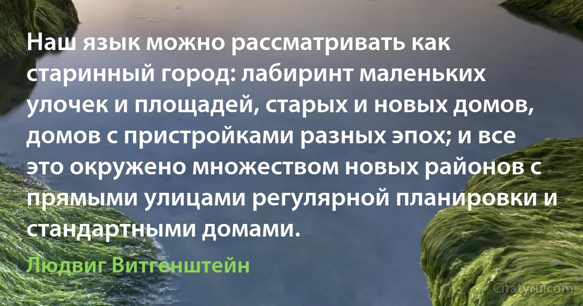 Наш язык можно рассматривать как старинный город: лабиринт маленьких улочек и площадей, старых и новых домов, домов с пристройками разных эпох; и все это окружено множеством новых районов с прямыми улицами регулярной планировки и стандартными домами. (Людвиг Витгенштейн)