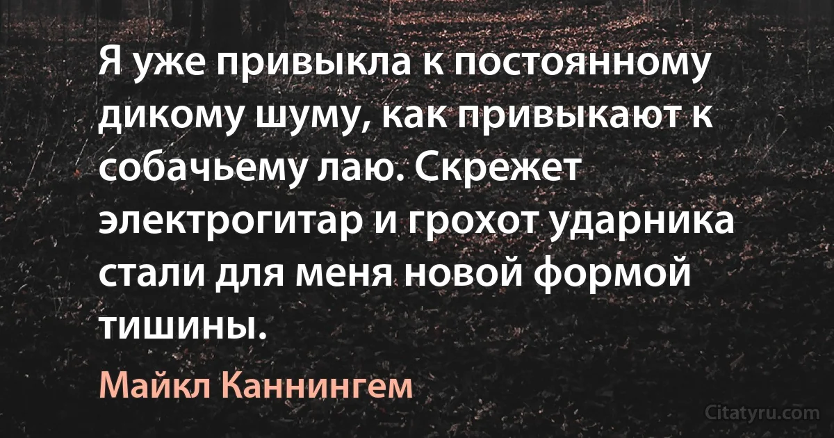 Я уже привыкла к постоянному дикому шуму, как привыкают к собачьему лаю. Скрежет электрогитар и грохот ударника стали для меня новой формой тишины. (Майкл Каннингем)