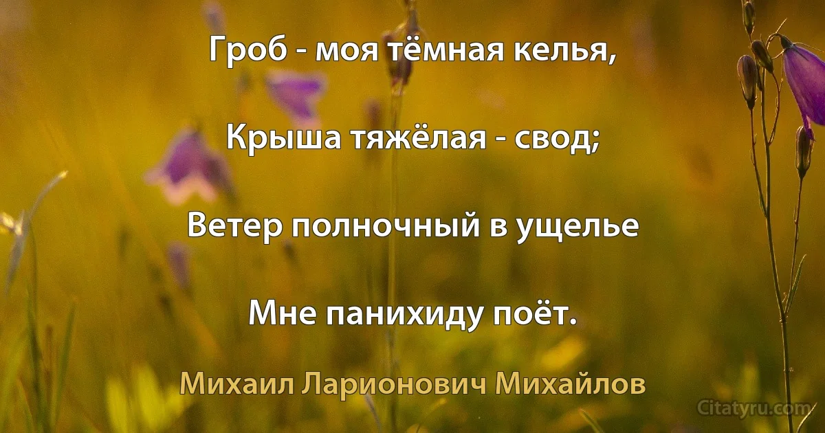 Гроб - моя тёмная келья,

Крыша тяжёлая - свод;

Ветер полночный в ущелье

Мне панихиду поёт. (Михаил Ларионович Михайлов)