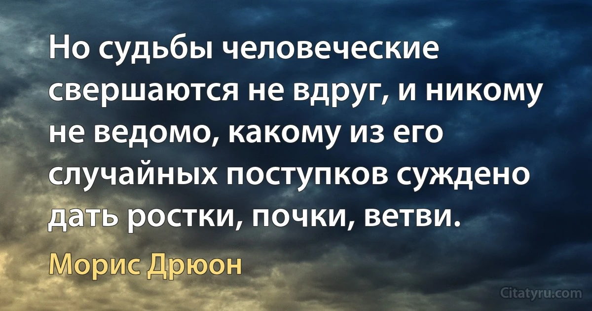 Но судьбы человеческие свершаются не вдруг, и никому не ведомо, какому из его случайных поступков суждено дать ростки, почки, ветви. (Морис Дрюон)