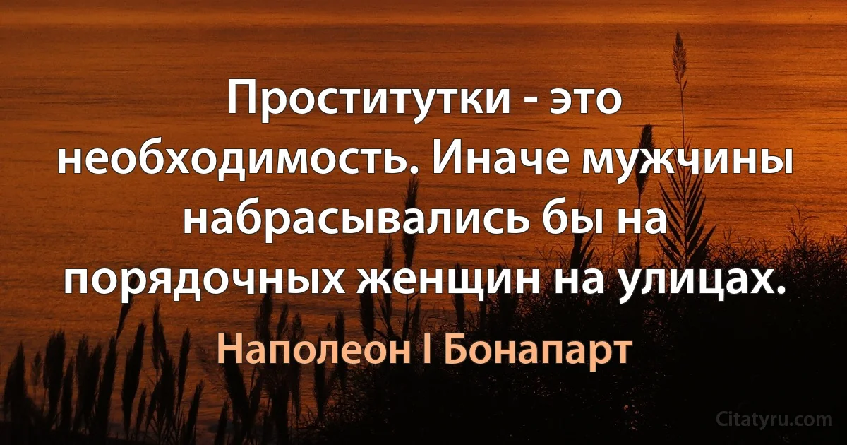 Проститутки - это необходимость. Иначе мужчины набрасывались бы на порядочных женщин на улицах. (Наполеон I Бонапарт)