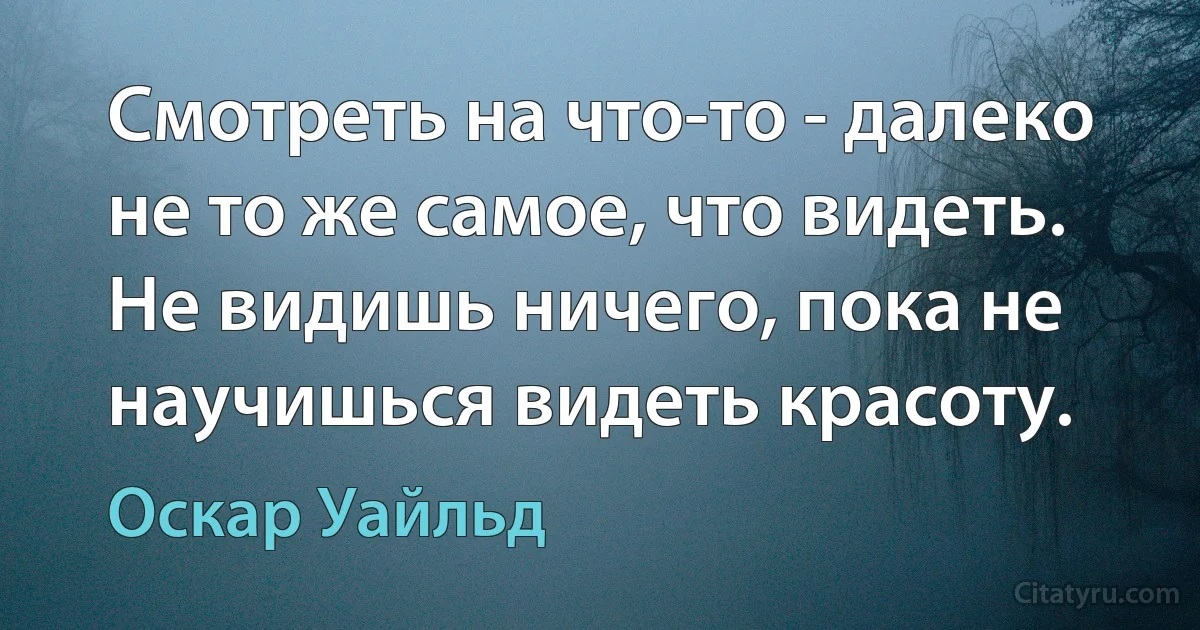 Смотреть на что-то - далеко не то же самое, что видеть. Не видишь ничего, пока не научишься видеть красоту. (Оскар Уайльд)