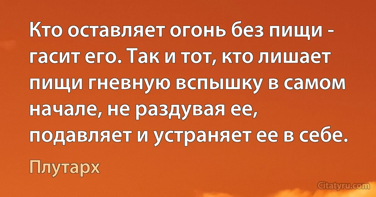 Кто оставляет огонь без пищи - гасит его. Так и тот, кто лишает пищи гневную вспышку в самом начале, не раздувая ее, подавляет и устраняет ее в себе. (Плутарх)