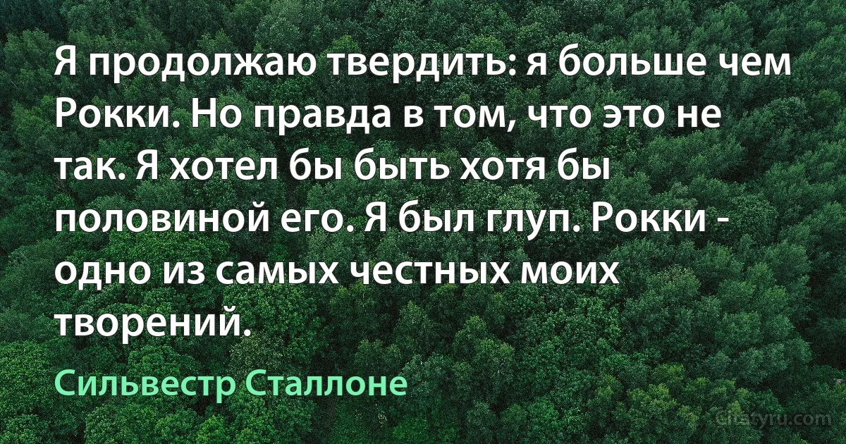 Я продолжаю твердить: я больше чем Рокки. Но правда в том, что это не так. Я хотел бы быть хотя бы половиной его. Я был глуп. Рокки - одно из самых честных моих творений. (Сильвестр Сталлоне)