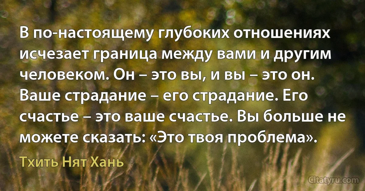 В по-настоящему глубоких отношениях исчезает граница между вами и другим человеком. Он – это вы, и вы – это он. Ваше страдание – его страдание. Его счастье – это ваше счастье. Вы больше не можете сказать: «Это твоя проблема». (Тхить Нят Хань)