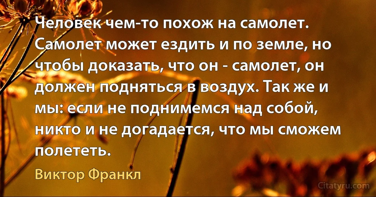 Человек чем-то похож на самолет. Самолет может ездить и по земле, но чтобы доказать, что он - самолет, он должен подняться в воздух. Так же и мы: если не поднимемся над собой, никто и не догадается, что мы сможем полететь. (Виктор Франкл)