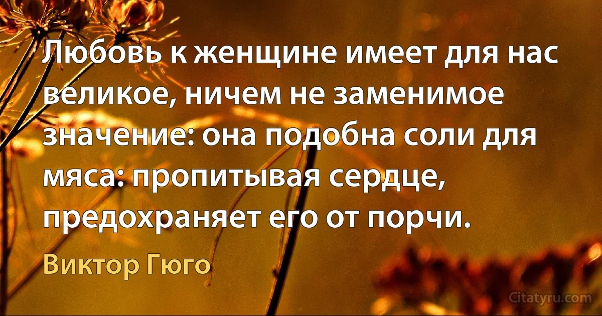 Любовь к женщине имеет для нас великое, ничем не заменимое значение: она подобна соли для мяса: пропитывая сердце, предохраняет его от порчи. (Виктор Гюго)