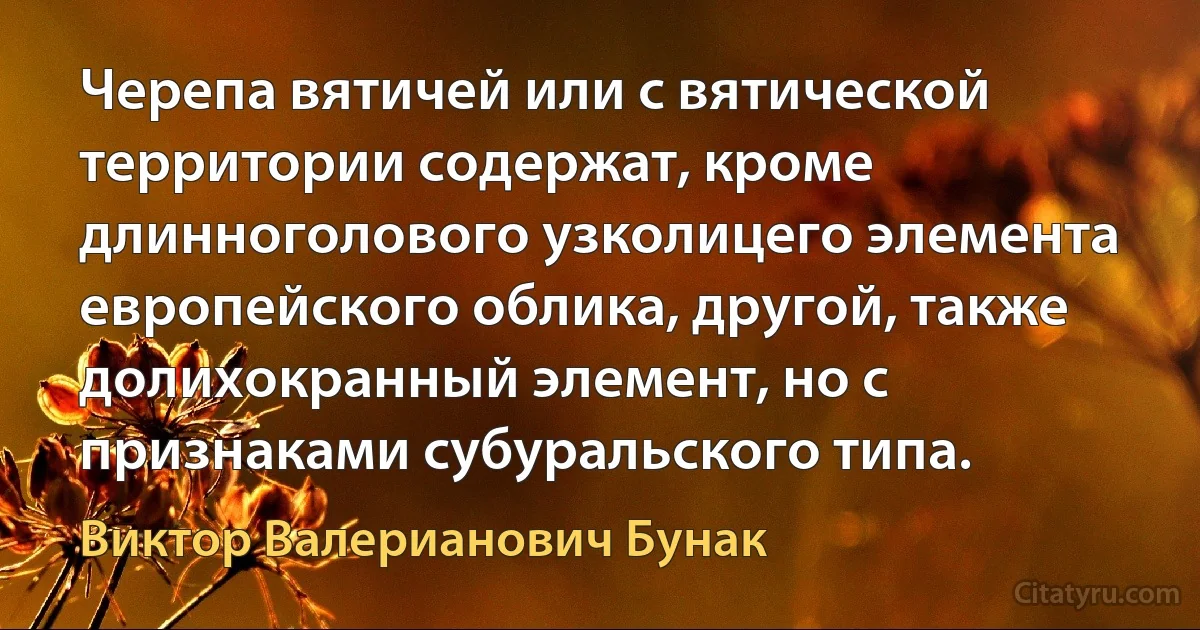 Черепа вятичей или с вятической территории содержат, кроме длинноголового узколицего элемента европейского облика, другой, также долихокранный элемент, но с признаками субуральского типа. (Виктор Валерианович Бунак)