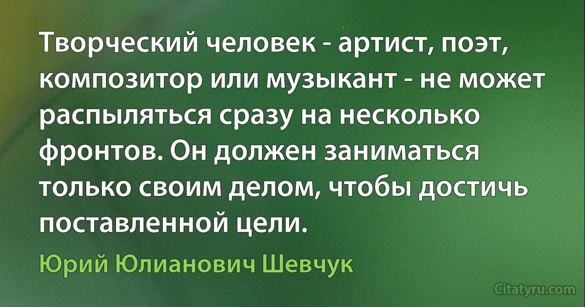 Творческий человек - артист, поэт, композитор или музыкант - не может распыляться сразу на несколько фронтов. Он должен заниматься только своим делом, чтобы достичь поставленной цели. (Юрий Юлианович Шевчук)