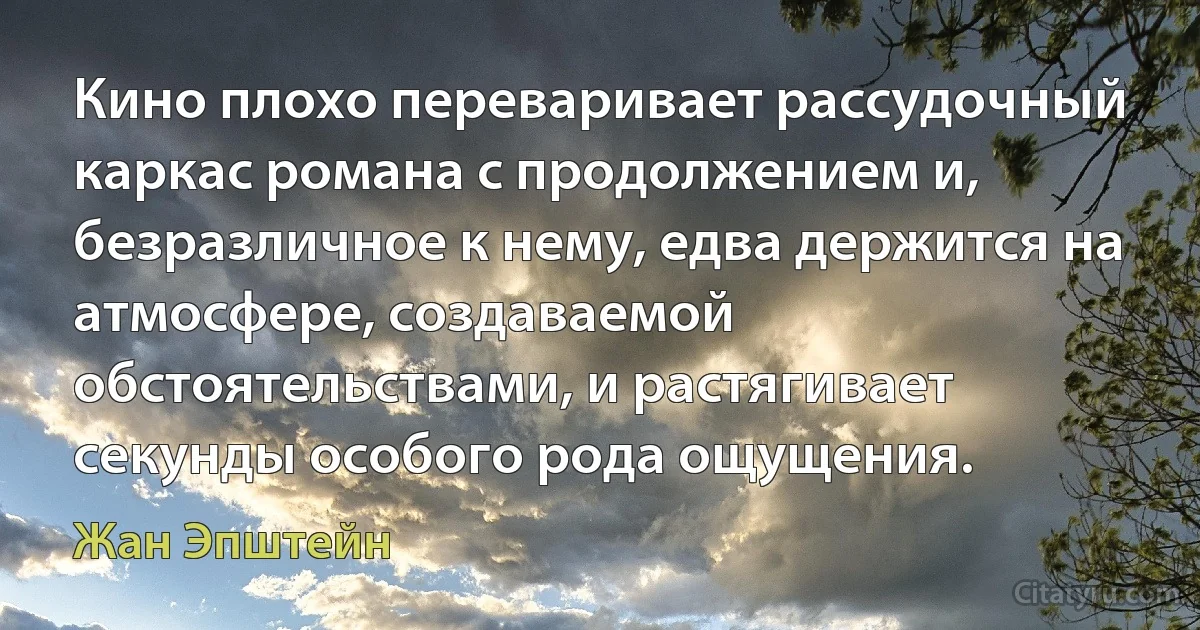 Кино плохо переваривает рассудочный каркас романа с продолжением и, безразличное к нему, едва держится на атмосфере, создаваемой обстоятельствами, и растягивает секунды особого рода ощущения. (Жан Эпштейн)