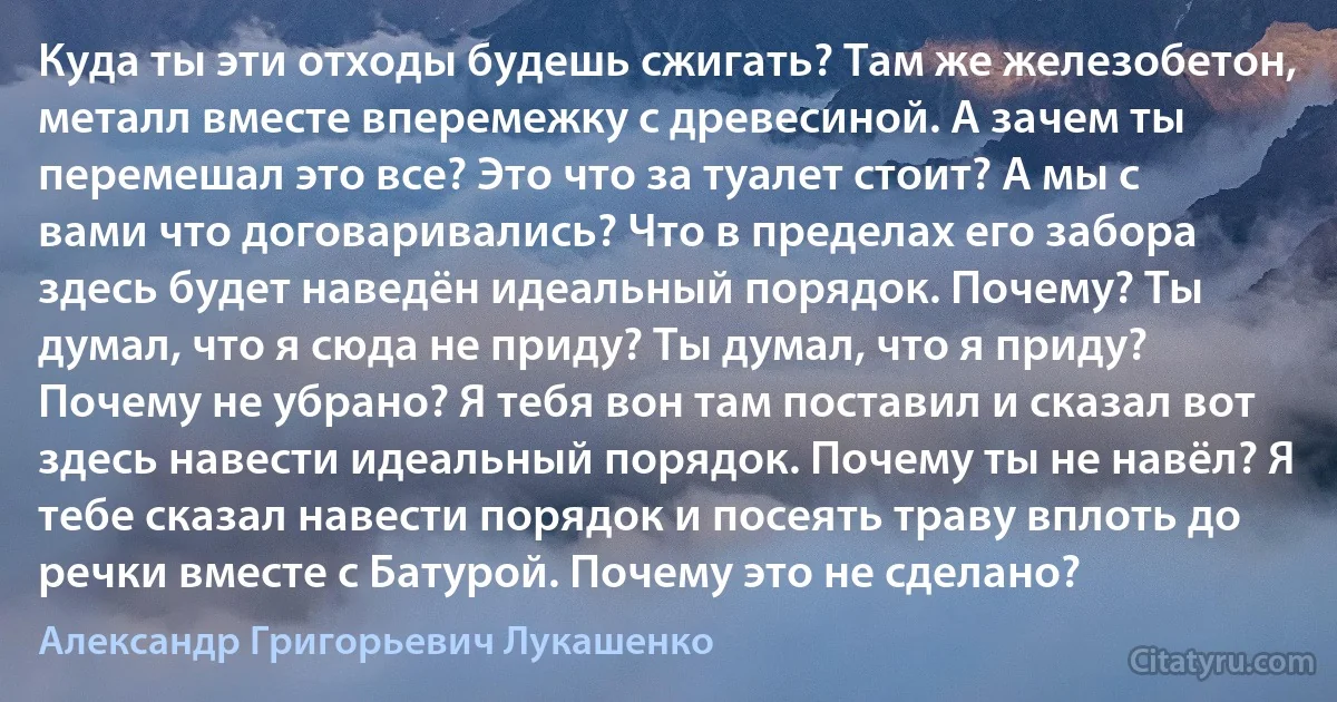 Куда ты эти отходы будешь сжигать? Там же железобетон, металл вместе вперемежку с древесиной. А зачем ты перемешал это все? Это что за туалет стоит? А мы с вами что договаривались? Что в пределах его забора здесь будет наведён идеальный порядок. Почему? Ты думал, что я сюда не приду? Ты думал, что я приду? Почему не убрано? Я тебя вон там поставил и сказал вот здесь навести идеальный порядок. Почему ты не навёл? Я тебе сказал навести порядок и посеять траву вплоть до речки вместе с Батурой. Почему это не сделано? (Александр Григорьевич Лукашенко)