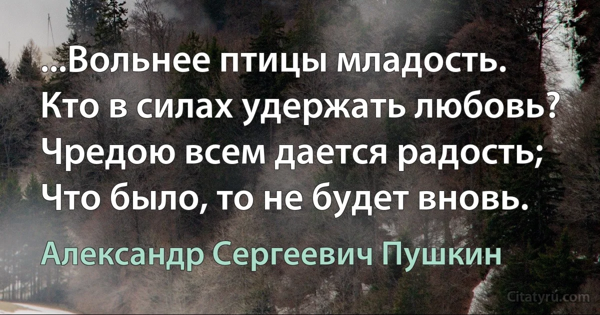 ...Вольнее птицы младость. Кто в силах удержать любовь? Чредою всем дается радость; Что было, то не будет вновь. (Александр Сергеевич Пушкин)