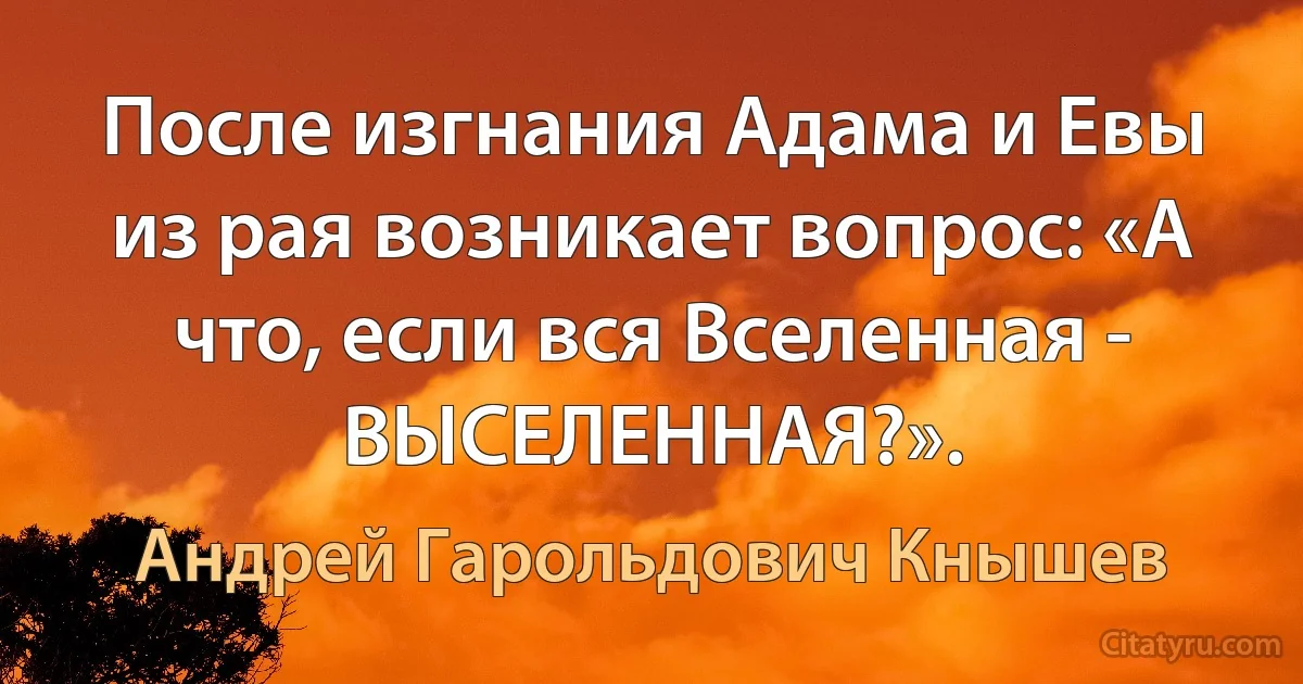 После изгнания Адама и Евы из рая возникает вопрос: «А что, если вся Вселенная - ВЫСЕЛЕННАЯ?». (Андрей Гарольдович Кнышев)