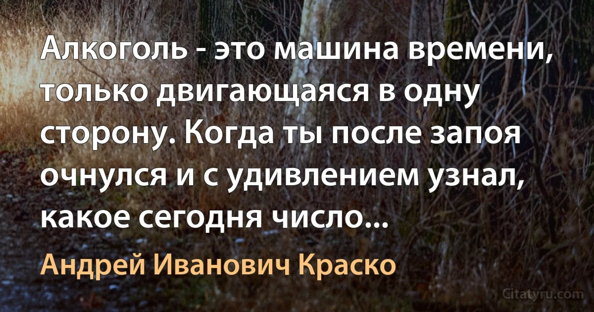 Алкоголь - это машина времени, только двигающаяся в одну сторону. Когда ты после запоя очнулся и с удивлением узнал, какое сегодня число... (Андрей Иванович Краско)