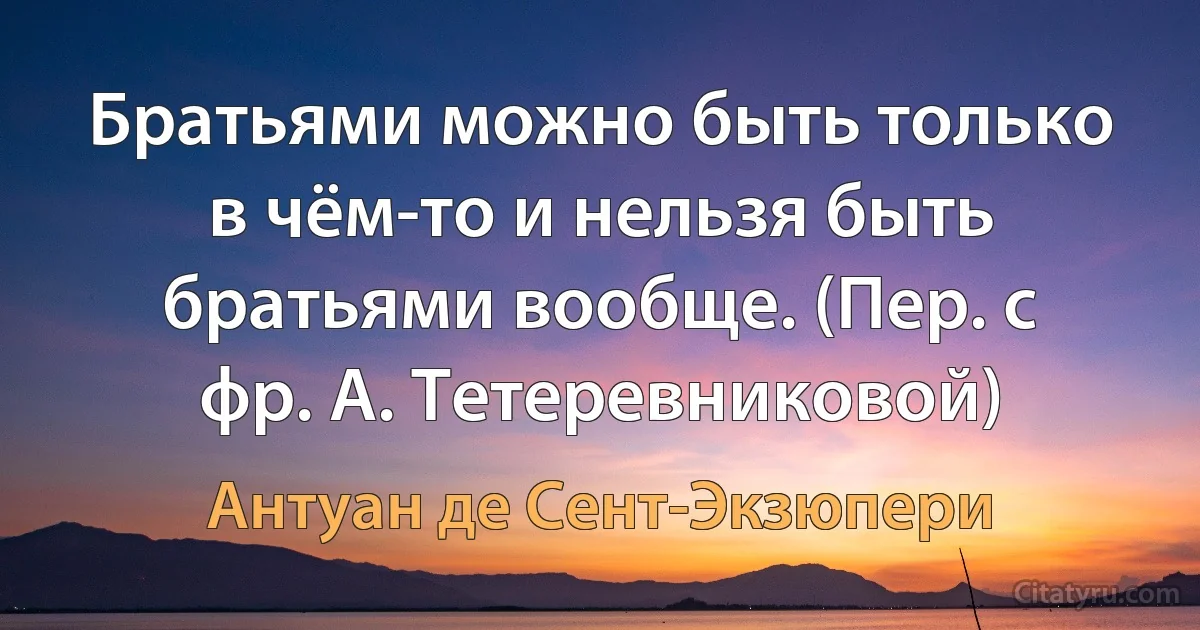 Братьями можно быть только в чём-то и нельзя быть братьями вообще. (Пер. с фр. А. Тетеревниковой) (Антуан де Сент-Экзюпери)